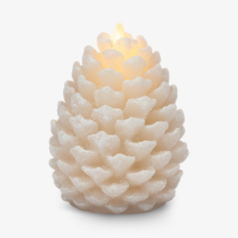 LUMINARA Pinecone Flameless Candle White Swan Glitter and Snow Finish Pine Cone Figural, Real Wax Unscented LED Candles, Battery Operated with Timer, Holiday Decoration (4.7" x 6") - Image 1